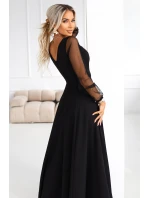 640-2 LORETTA jedinečné dlouhé šaty s tylovými rukávy a výstřihem - černé