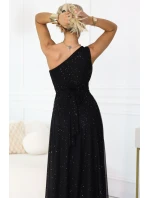 656-3 Dlouhé třpytivé večerní šaty na jedno rameno - klasické černé