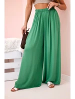 Široké dámské viskózové kalhoty s elastickým pasem zelené