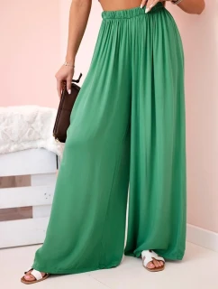 Široké dámské viskózové kalhoty s elastickým pasem zelené