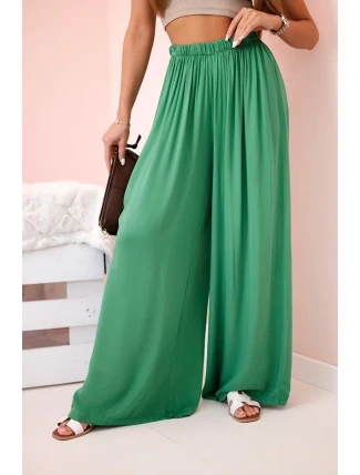 Široké dámské viskózové kalhoty s elastickým pasem zelené
