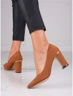 Dámské semišové lodičky na sloupkovém podpatku GD-OC-100C Camel hnědá - GOODIN