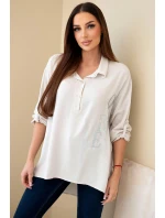 Dámská viskózová blůza s límečkem a potiskem s cyrkoniemi béžová