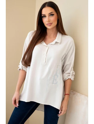 Dámská viskózová blůza s límečkem a potiskem s cyrkoniemi béžová