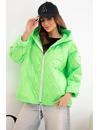 Dámská jarní prošívaná bunda s kapucí a zipem zelený neon