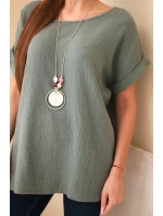 Hedvábná blůza s náhrdelníkem tmavě khaki