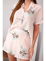 Dámský komplet košile s krátkým rukávem a sukňové šortky vyšívané pudrově růžová Dámský komplet košile s krátkým rukávem a sukňové šortky vyšívané pudrově růžová