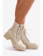 Lakované boty workerky na zip zateplené béžové Ravanthia
