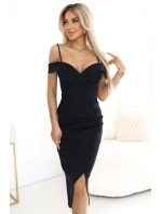 564-11 CALLIE Midi šaty s odhalenými rameny a výstřihem - černé 564-11 CALLIE Midi šaty s odhalenými rameny a výstřihem - černé