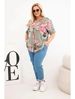 Dámská bavlněná halenka Plus Size s výstřihem do V v květinovém vzoru khaki