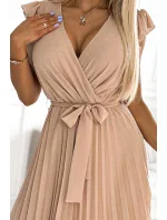 374-5 POLINA Plisované šaty s výstřihem a volánky - BEACH