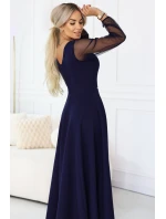 640-3 LORETTA jedinečné dlouhé šaty s tylovými rukávy a výstřihem - tmavě modré 640-3 LORETTA jedinečné dlouhé šaty s tylovými rukávy a výstřihem - tmavě modré