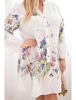 Dámské bavlněné šaty Plus Size s výstřihem do V a s knoflíky v květinovém vzoru bílá