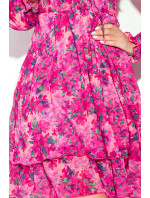 Šifonové šaty se zavazovaným výstřihem Numoco MONICA - růžové s květinovým vzorem