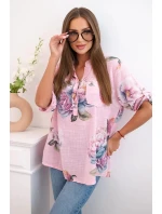 Dámská bavlněná halenka s květinovým vzorem bonbónově růžová