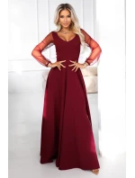 640-1 LORETTA jedinečné dlouhé šaty s tylovými rukávy a výstřihem - vínové 640-1 LORETTA jedinečné dlouhé šaty s tylovými rukávy a výstřihem - vínové