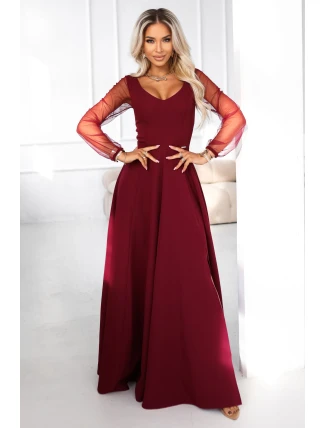 640-1 LORETTA jedinečné dlouhé šaty s tylovými rukávy a výstřihem - vínové 640-1 LORETTA jedinečné dlouhé šaty s tylovými rukávy a výstřihem - vínové
