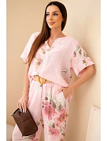 Dámský bavlněný komplet s krátkým rukávem a širokou nohavicí bonbónově růžová