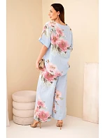 Dámský bavlněný komplet s krátkým rukávem a širokými nohavicemi modrý Dámský bavlněný komplet s krátkým rukávem a širokými nohavicemi modrý