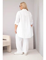 Dámský mušelínový komplet Plus Size s košilí zapínanou na knoflíky a kalhotami se širokými nohavicemi bílý
