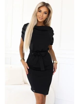 240-8 ROXI šaty s asymetrickou sukní a páskem - ČERNÁ