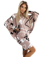 402-8 Svetr pohodlné netopýří šaty s výstřihem - béžové s černobílým vzorem