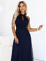 662-3 Elegantní maxi večerní šaty na ramínka s tylem a zavazováním v pase - tmavě modré