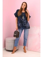 Dámská bavlněná košile s motýly a květinami námořnická modř