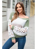 Dámský svetr pruhovaný s copánky na rukávech z vlny khaki + šedý