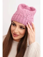Dámská zimní čepice s vlnou zdobená flitry a pleteninou K473 tmavě růžová