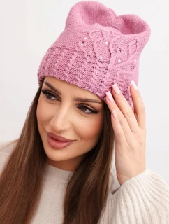 Dámská zimní čepice s vlnou zdobená flitry a pleteninou K473 tmavě růžová