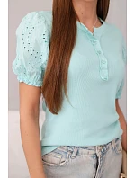 Dámská bavlněná žebrovaná halenka s nabíraným rukávem a knoflíky tmavě mátová Dámská bavlněná žebrovaná halenka s nabíraným rukávem a knoflíky tmavě mátová