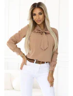 140-27 Služební halenka s dlouhým rukávem a zavazováním vpředu - MOCHA MOUSSE