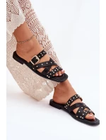 Zdobené Dámské Pantofle Na Plochém Podpatku S Pásky A Přezkou Černé Manitte