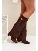 Kozačky Eko Semišový Podpatky Na Zip Zateplené Ohnutý Svršek Čokoládové Evyra