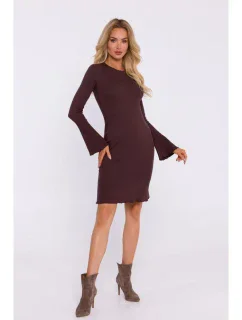 M821 Šaty z žebrového úpletu se širokými rukávy - hnědé