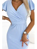 479-6 Šaty NINA s obálkovým výstřihem, rukávy a páskem - MODRÉ