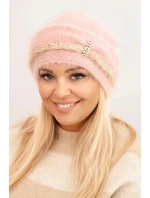 Dámská zimní čepice chlupatá s perlami a ozdobným vzorem tmavě pudrově růžová