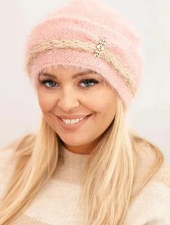 Dámská zimní čepice chlupatá s perlami a ozdobným vzorem tmavě pudrově růžová