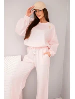 Dámský komplet máslová mikina s broží a kalhoty s rovnými nohavicemi pudrově růžová