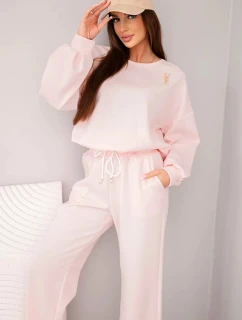 Dámský komplet máslová mikina s broží a kalhoty s rovnými nohavicemi pudrově růžová