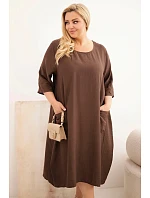 Dámské šaty plus size z viskózy s kapsami krátký rukáv hnědá