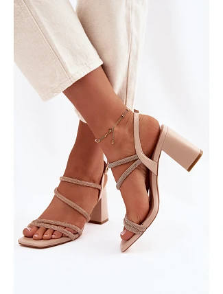 Dámské sandály na podpatku s pásky a kamínky Béžové Brelia