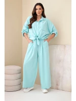 Dámský bavlněný komplet s uvázanou košilí a širokými nohavicemi mentolový