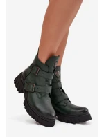 Kožené zateplené dámské boty s přezkami a ozdobným detailem Zazoo 60482 tmavě zelené