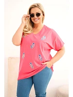 Dámská bavlněná halenka Plus Size s peříčky růžová
