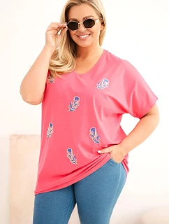 Dámská bavlněná halenka Plus Size s peříčky růžová