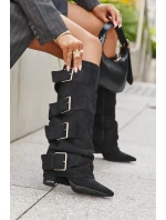 Dámské kozačky na podpatku s obráceným lemem a zlatými přezkami ekologický semiš černé Isavelle