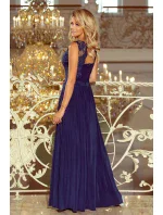 Dlouhé tmavě modré dámské šaty bez rukávů s vyšívaným výstřihem model 6369438