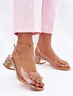 Průhledné sandály na klínku s krystaly a květinou Vinceza 70122 šampaňské